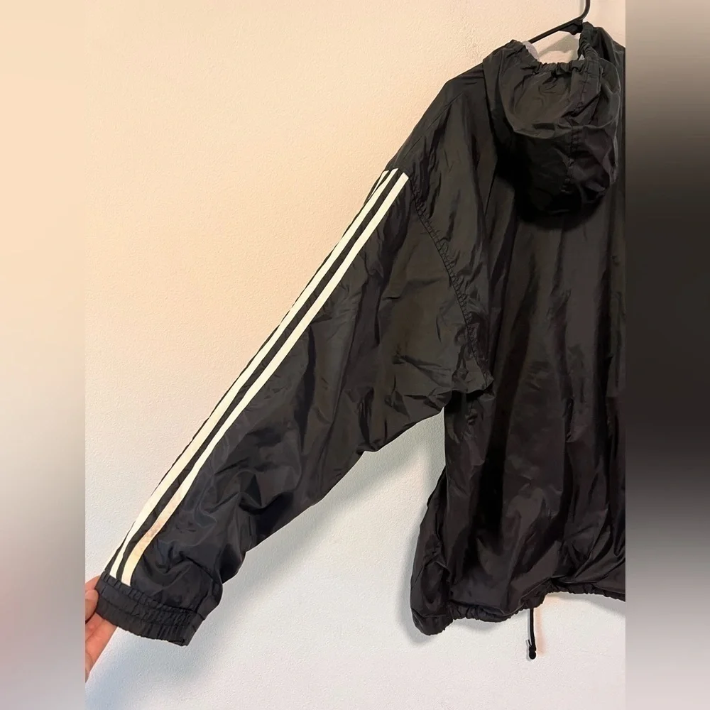 Adidas Black White Three Striped Button Zipper Front Water Resistant Jacket L